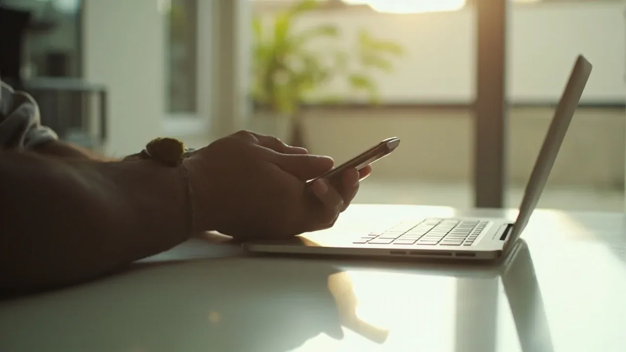 A generic smartphone and notebook arranged on a sunlit desk in preparation for sign-in.