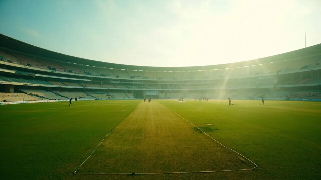 Sunlit cricket ground photographed during an evening practice session, with the editorial desk prepared beside a notebook.