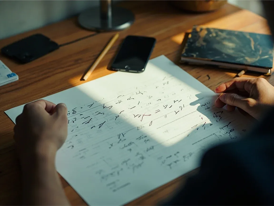 A team selection workshop with notebooks, a generic phone and printed role lists arranged on a sunlit desk, used as a route-distinct image for the contest-entry section.
