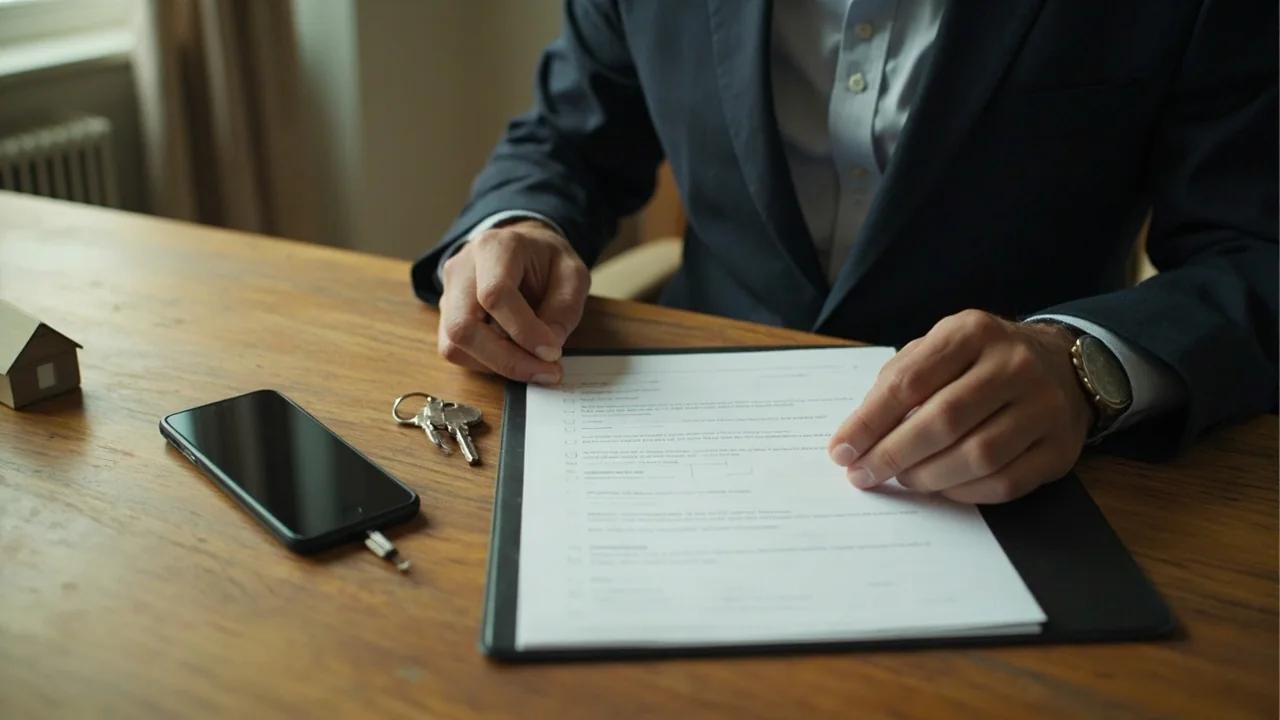 A quiet editorial photograph of an adult preparing account-closure documentation at a desk in soft daylight.